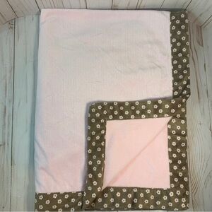Just Born Pink Plush Baby‎ Blanket Olive Green Floral Daisy Trim Fleece 1614